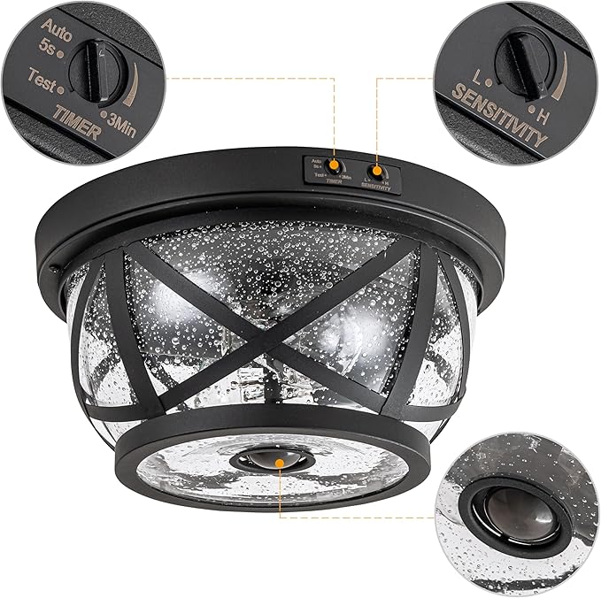 Motion Sensor Ceiling Light Fixture Outdoor Flush Mount Manual Dusk to Dawn Matte Black Waterproof Indoor Ceiling Light Fixture with Seeded Glass for Front Porch Garage Entrance