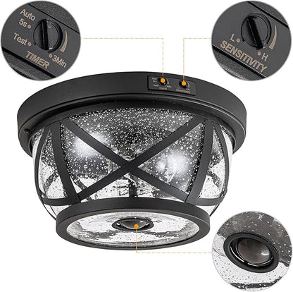 Motion Sensor Ceiling Light Fixture Outdoor Flush Mount Manual Dusk to Dawn Matte Black Waterproof Indoor Ceiling Light Fixture with Seeded Glass for Front Porch Garage Entrance