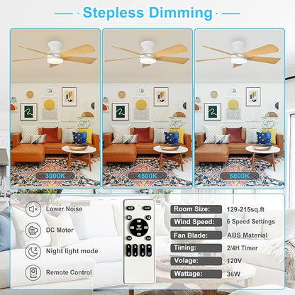 Depuley Modern Ceiling Fan with Light: 42-Inch White Small Fans for Bedroom Indoor Outdoor - Dimmable Low Profile Ceiling Fans with Remote Control Flush Mount 5 Reversible Wood Blades 6 Speeds Timer