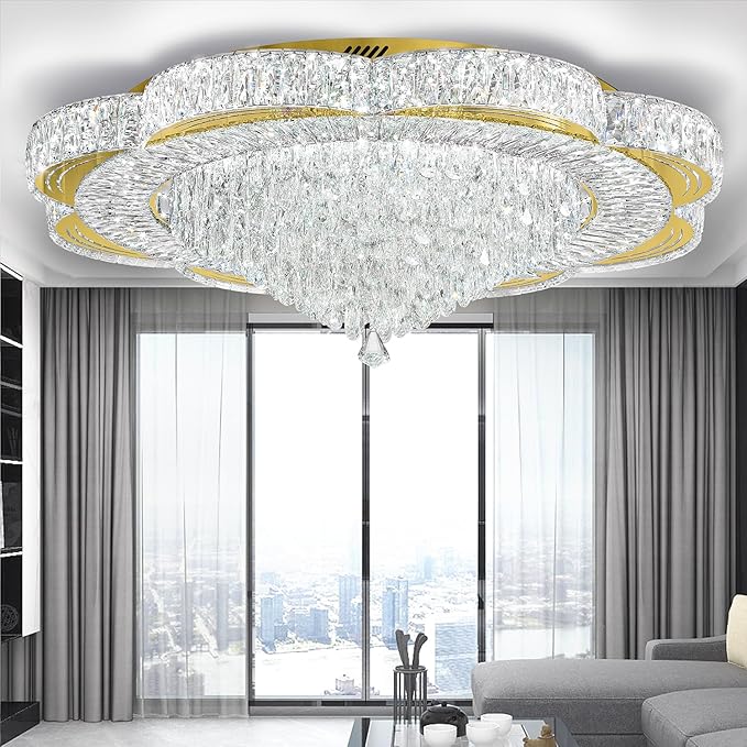 Modern Crystal Chandelier for Living Room 40in Gold Crystal Raindrop Ceiling Light for Room Bedroom LED Dimmable 3000-6000K