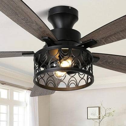 52 Inch Farmhouse Ceiling Fan with Lights Remote Modern Caged Chandelier Fan Rustic Fandelier, 5 Dual Blades, Reversible Quiet DC Motor 6 Speeds for Bedroom Patio (Metal Cage)