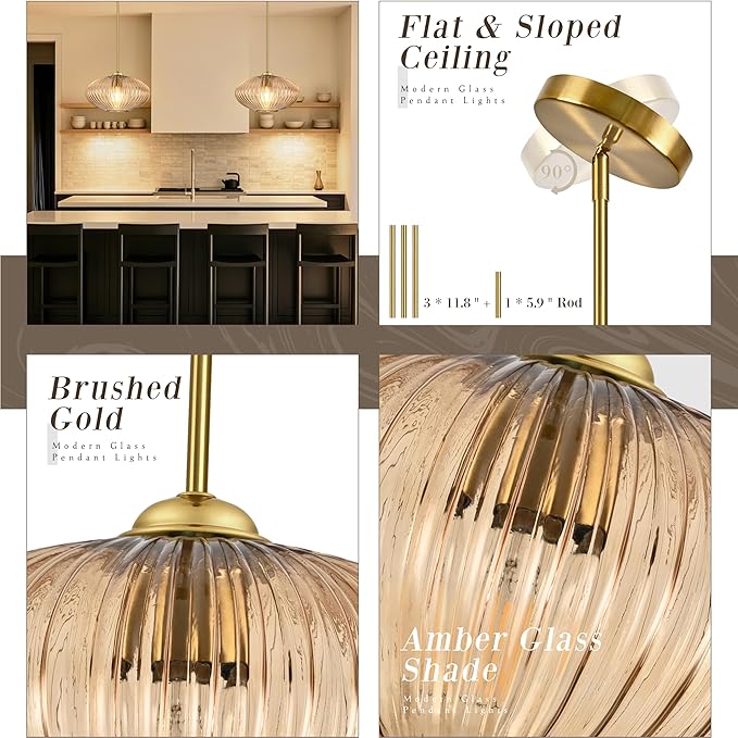 12" Amber Glass Modern Pendant Light Kitchen Island Brushed Gold Mid Century Modern Pendant Lighting with Clear Amber Glass Hanging Pendant Light for Dining Room（Bulb Incl.）