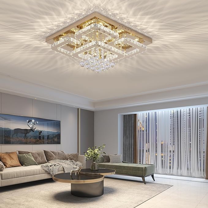 24 inch Flush Mount Chandelier Crystal Ceiling Light with Remote Control/APP, 3CCT Dimmable&Brightness Adjustable, Modern Crystal Raindrop Gold Chandeliers for Bedroom Hallway Dinning Room Living Room