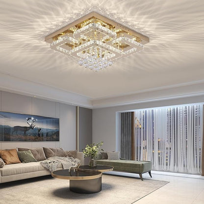 24 inch Flush Mount Chandelier Crystal Ceiling Light with Remote Control/APP, 3CCT Dimmable&Brightness Adjustable, Modern Crystal Raindrop Gold Chandeliers for Bedroom Hallway Dinning Room Living Room