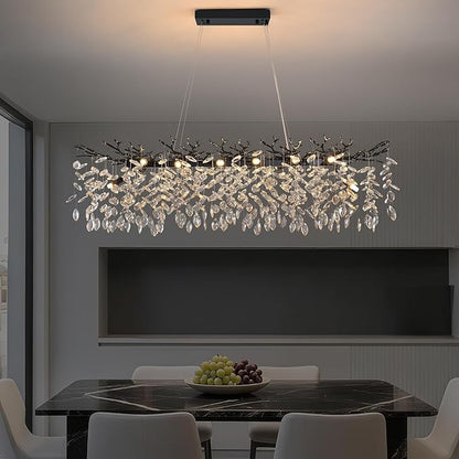 Modern Rectangle Crystal Tree Branch Chandelier, L47.3'' Luxury Black Linear Art Deco Raindrop Pendant Lighting Fixture for Kitchen Island Foyer Living Room Dining Room 14 Lights