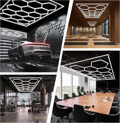 FERUERW Hexagon Garage Lights with Rectangle Frame, High Brightness 672W 86400LM 6500K, 14 Hex Grid for Garage, Shop, Basement, Car Detailing Shop etc. with Mounting Clip