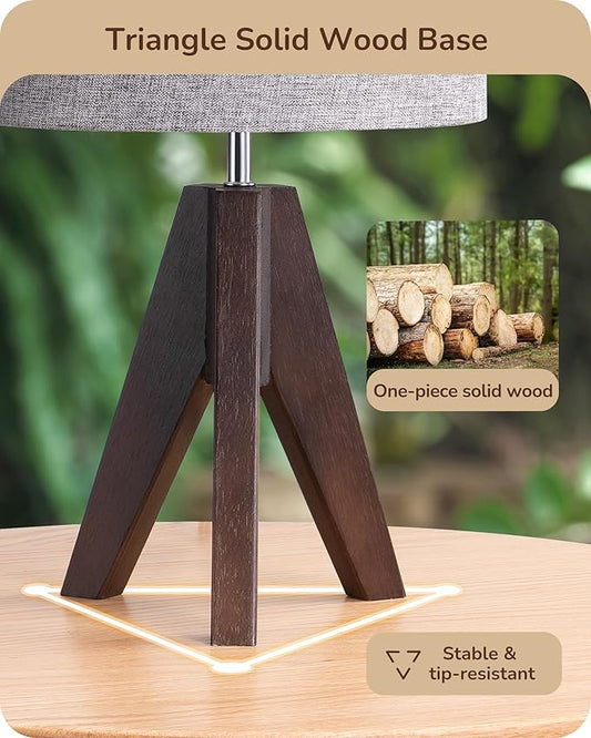 EDISHINE Boho Small Table Lamp, Walnut Color Wooden Tripod Bedside Lamp, Farmhouse Nightstand Lamp for Nursery, Bedroom, Office, Kid Room, Living Room, Grey Linen Lampshade, E26 Socket, 14.2 Inch