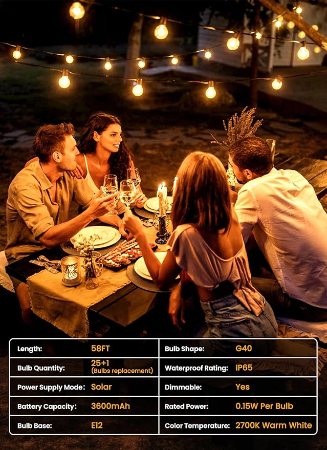 Brightown 58FT 26LED Solar String Lights Outdoor with USB Port, Shatterproof Bulbs, 3 Lighting Modes, Patio Lights Solar Powered for Camping Backyard Garden Decor - Last for 20+Hrs