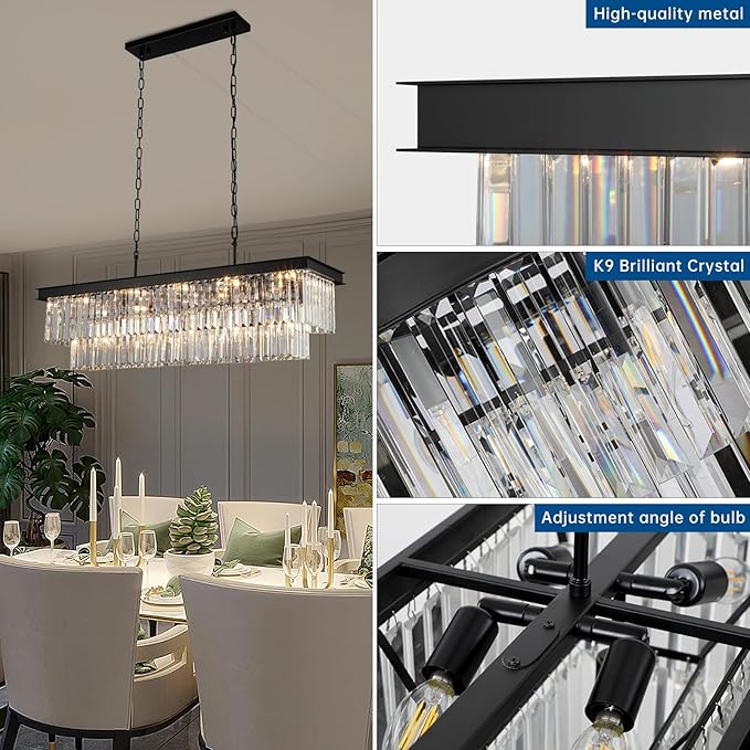 Weesalife Crystal Chandeliers for Dining Room Light Fixtures Over Table，15-Lights Black Modern Rectangle Chandeliers for Kitchen Island Bar L40 Inch