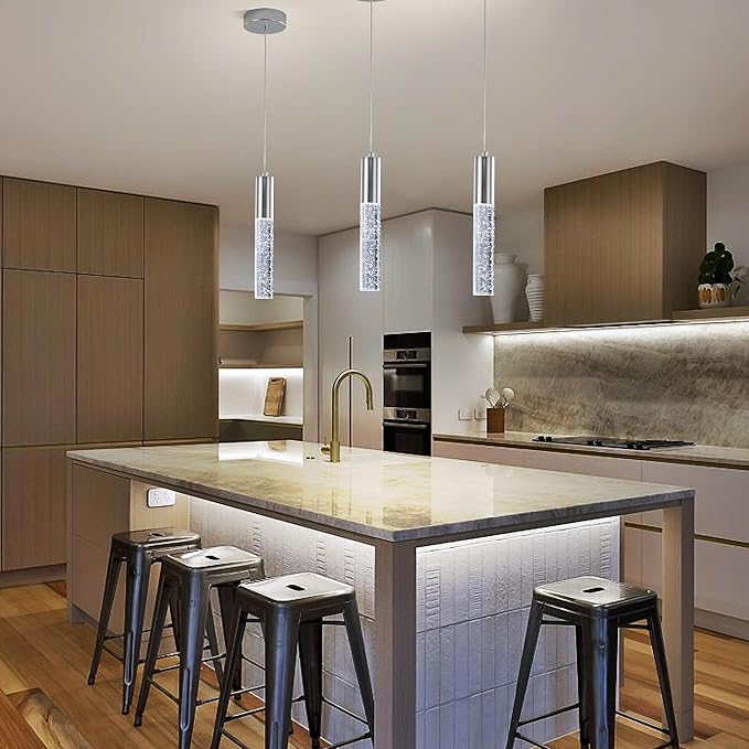 3-Pack Modern Crystal Pendant Light for Kitchen Island, Elegant Chrome LED Bubble Hanging Chandelier Lighting Fixture for Dining Room Bedside
