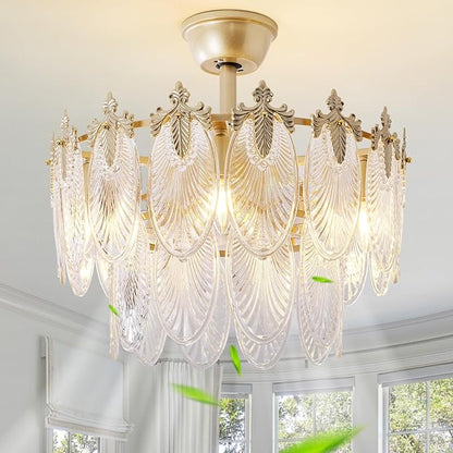 20" Gold Fandelier Ceiling Fan with Light, Gold Crystal Chandelier Ceiling Fans with Lights and Remote Control, Mid Century Enclosed Caged with 6 Speeds for Bedroom, Nursery, Living Room