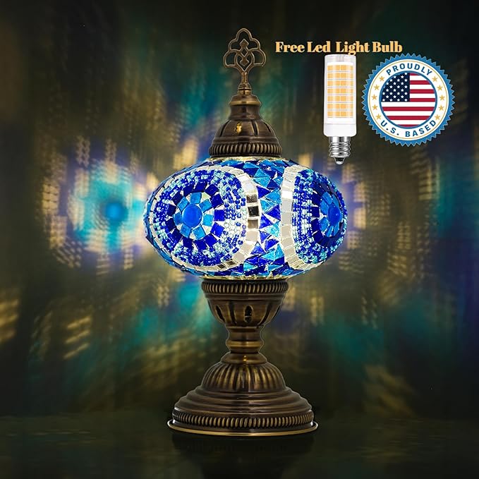 Turkish Lamp, Mosaic Table Lamp, Antique Moroccan Decorative Glass Bohemian Vintage Lamp Shade, Small Desk Tiffany Bedside Stained Glass Lamp with US Plug and E12 Socket