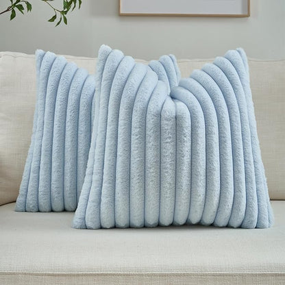 FUTEI Pack of 2 Solid Faux Fur Plush Throw Pillow Covers 18x18 Inch Soft Fluffy Striped Decorative Cushion Cases Modern Farmhouse Accent for Couch Bed Living Room, Light Blue