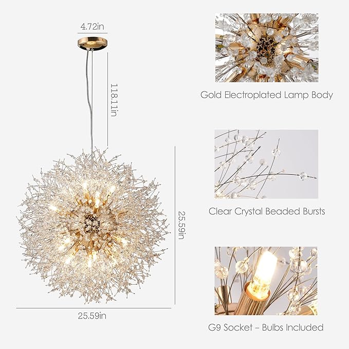 Modern Sputnik Chandelier, 16 Lights Dandelion Crystal Chandelier, Gold Firework Chandelier Pendant Light Fixture for Foyer Living Room Bedroom