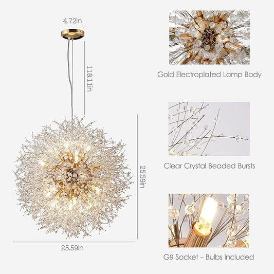 Modern Sputnik Chandelier, 16 Lights Dandelion Crystal Chandelier, Gold Firework Chandelier Pendant Light Fixture for Foyer Living Room Bedroom