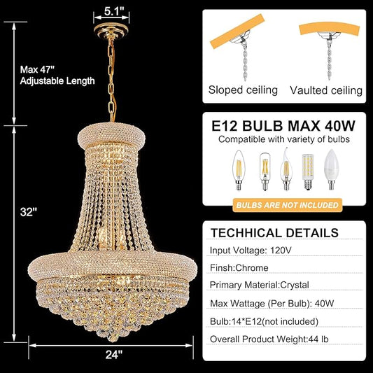 14 - Light Unique Empire Crystal Chandelier with Adjustable Chain for High Ceiling Foyer Entryway Living Room Dining Room Bedroom Gold Finish