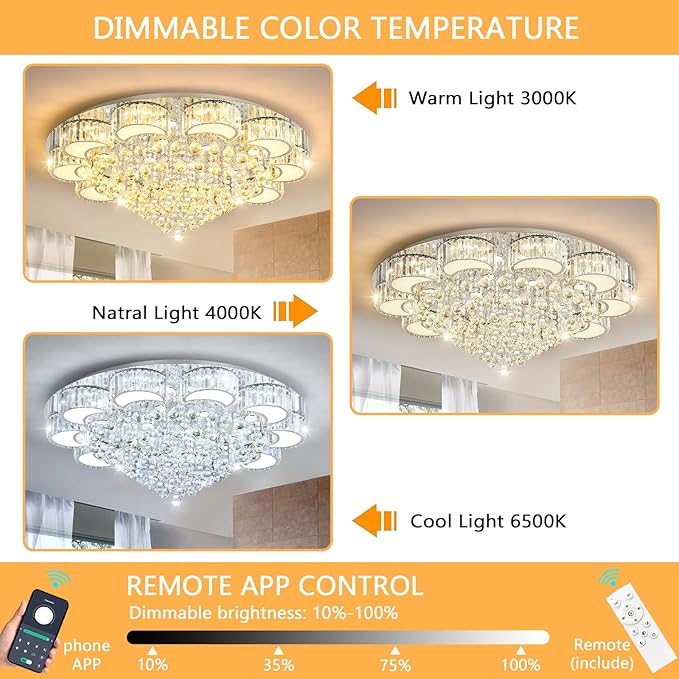 39.4" Silver Modern Crystal Chandeliers for Dining Room LED Dimmable Light Fixtures Flush Mount Light Living Room Bedrooms