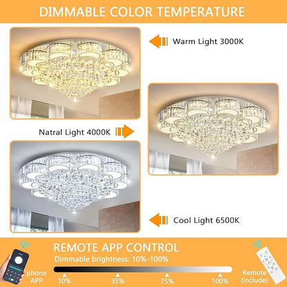 39.4" Silver Modern Crystal Chandeliers for Dining Room LED Dimmable Light Fixtures Flush Mount Light Living Room Bedrooms