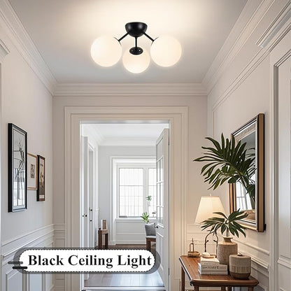 Bagood 3-Light Mid Century Modern Semi Flush Mount Ceiling Light, Opal Glass Globe & Matte Black, Dimmable, UL Certified, for Bedroom, Kitchen, Living Room (Bulb Incl.)
