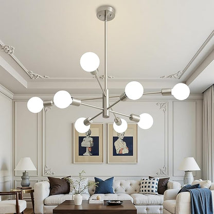 Brushed Nickel Chandeliers Modern Sputnik Chandelier 8-Light Mid Century Ceiling Lighting Fixture for Living Room, Kitchen, Bedroom, Dining Room, and Farmhouse