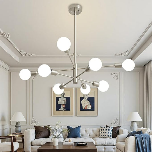 Brushed Nickel Chandeliers Modern Sputnik Chandelier 8-Light Mid Century Ceiling Lighting Fixture for Living Room, Kitchen, Bedroom, Dining Room, and Farmhouse