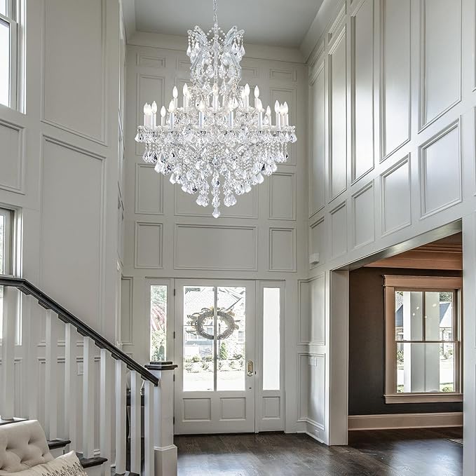 Large Crystal Chandeliers Light Fixture - 24 Lights High Ceiling Hanging Chandelier 2 Layers Maria Theresa Crystal Light Luxury Chandelier for Entryway, Staircase,Living Dining Room