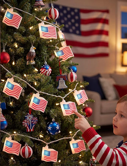GOOTHY 4th of July Lights 8.5F American Flag String Lights, Patriotic Lights with 10 Mini American Flag Lights, Plug in 4th of July Decorations Lights for Indoor Independence Day Party Memorial Day