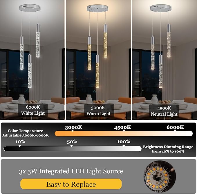 Modern Crystal Chandelier 3-Lights, Spiral LED Raindrop Kitchen Island Pendant Lighting, Bubble Foyer Dinimg Room Hanging Light Fixture Remote Control Chrome