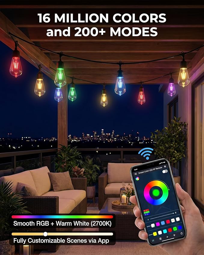 Smart RGB Outdoor String Lights, Color Changing Patio Lights with 21-Key RF Remote and Bluetooth App, IP65 Waterproof Music Sync LED Hanging Lights for Backyard Party Holiday Decor, 50FT (20 Bulbs)