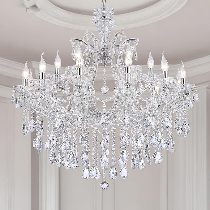 Modern Large Crystal Chandelier for High Ceiling, 18 Lights 2 Layers Luxury Maria Theresa Chrome Chandelier Light Fixtures for Dining Room, Living Room, Foyer, Staircase, Lobby