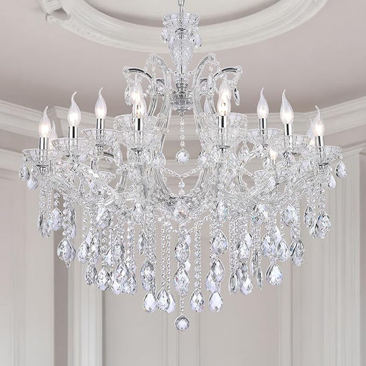 Modern Large Crystal Chandelier for High Ceiling, 18 Lights 2 Layers Luxury Maria Theresa Chrome Chandelier Light Fixtures for Dining Room, Living Room, Foyer, Staircase, Lobby
