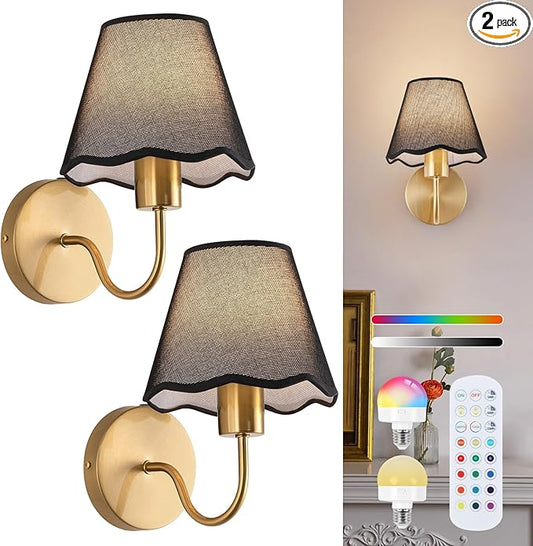 ADISUN Battery Operated Wall Sconce Set of 2, Gold Wall Lamps Rechargeable Bulbs for Living Room, Black Rattan Shade, Wireless Wall Lights for Bedroom Living Room Hallway Kitchen(2 Bulbs Included)
