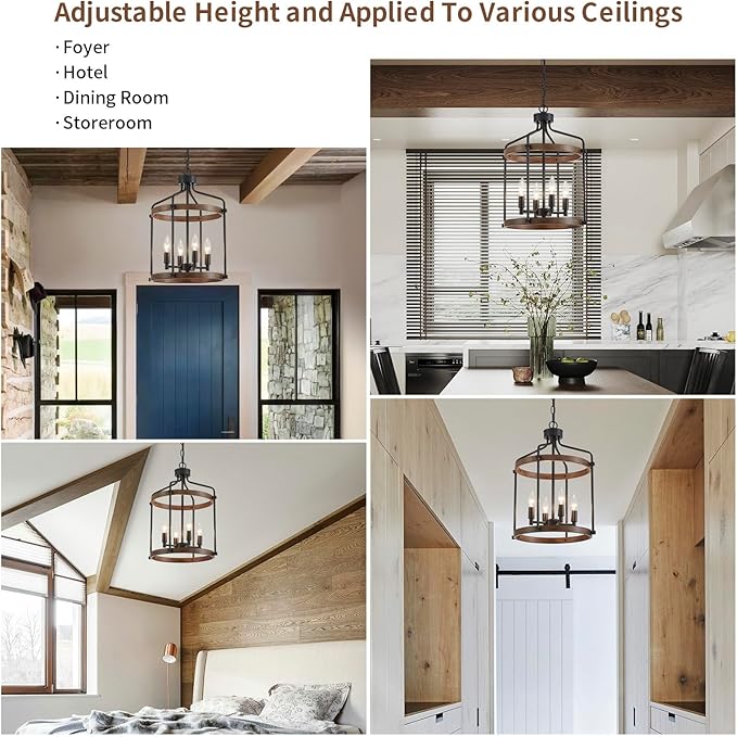 Modern Black Chandelier, 4-Light Farmhouse Dining Room Light Fixture Over Table, Muted Black with Retro Wood Texture Shade, Rustic Cage Hanging Pendant Lighting for Hallway Entryway Kitchen Bedroom