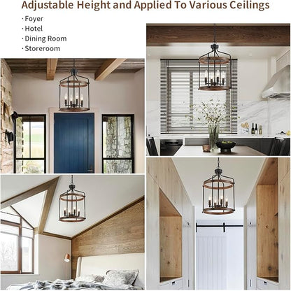 Modern Black Chandelier, 4-Light Farmhouse Dining Room Light Fixture Over Table, Muted Black with Retro Wood Texture Shade, Rustic Cage Hanging Pendant Lighting for Hallway Entryway Kitchen Bedroom