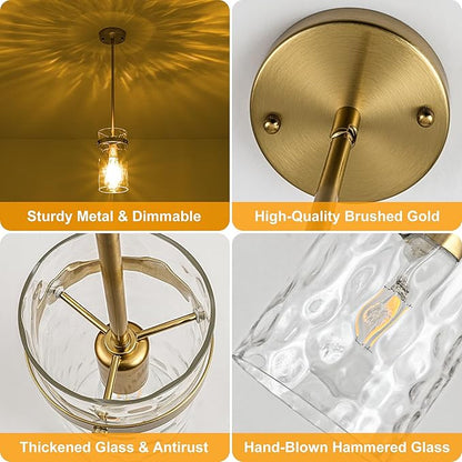 3 Pack Brushed Gold Pendant Lights Kitchen Island, Hammered Glass Pendant Lighting Over Island, Kitchen Hanging Light Fixtures Pendant Light Over Sink for Kitchen Entryway Foyer Dining Room