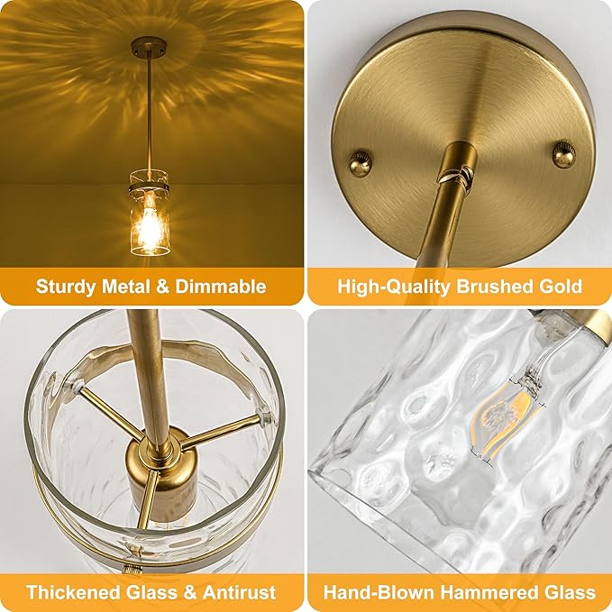 2 Pack Brushed Gold Pendant Lights Kitchen Island, Hammered Glass Pendant Lighting Over Island, Kitchen Hanging Light Fixtures Pendant Light Over Sink for Kitchen Entryway Foyer Dining Room