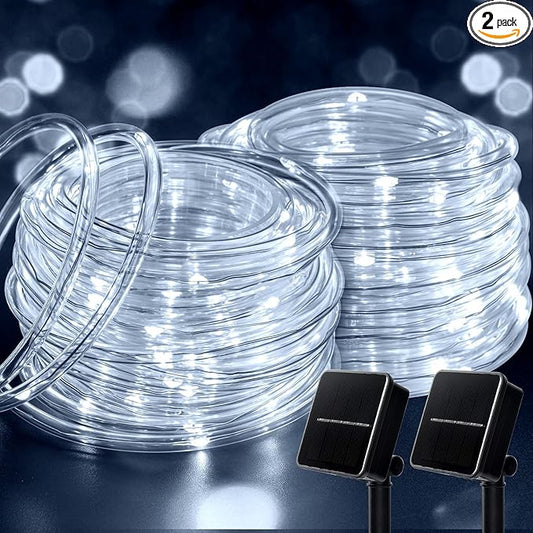 Brightown 2-Pack 39FT 100LED Solar Rope Lights, Solar Outdoor Lights IP65 Waterproof Solar Powered Fairy Lights with 8 Lighting Modes for Party Garden Yard Home Holiday Tree Decoration, Pure White