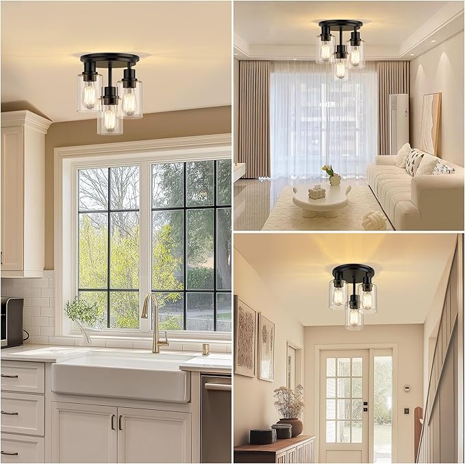 ROTTOGOON Semi Flush Mount Ceiling Light, Close to Ceiling Lights Fixtures, 3 Light Kitchen Ceiling Lights Fixtures with Glass Shades, Hallway Light Fixtures Ceiling Mount for Foyer, 9.9" x 13", Black
