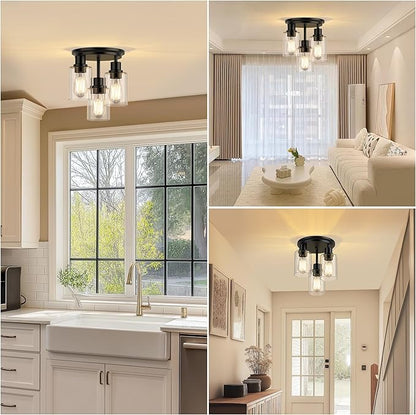 ROTTOGOON Semi Flush Mount Ceiling Light, Close to Ceiling Lights Fixtures, 3 Light Kitchen Ceiling Lights Fixtures with Glass Shades, Hallway Light Fixtures Ceiling Mount for Foyer, 9.9" x 13", Black