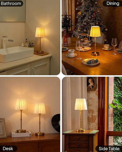 EppieBasic Cordless Table Lamp Rechargeable: Fast Charging & Long Lasting - 2700K Warm Light Small Vintage Gold Lamps -Bedside Dinning Living Room Bedroom - Pleated Shade