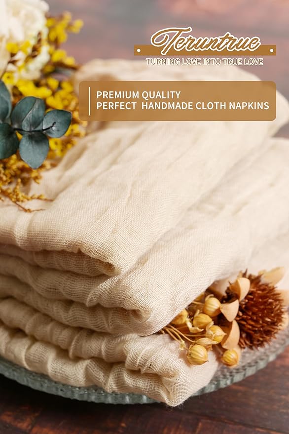 42 Packs Gauze Cheesecloth Napkins 20 x 20 Inch Beige Wrinkled Dinner Napkins, Light Brown Rustic Boho Soft Cloth Napkin for Wedding Party Event Dinner Table Decoration