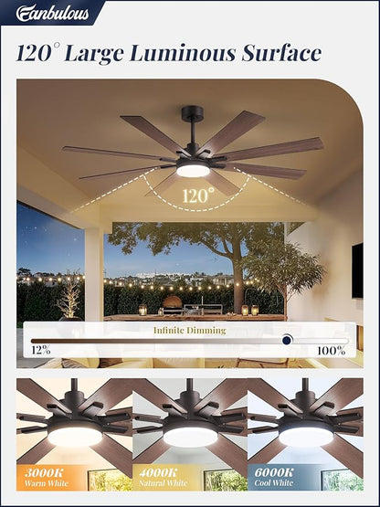 Fanbulous 65 Inch Ceiling Fan with Light and Remote, 6 Speeds Reversible DC Motor Ceiling Fans for Living Room Patio Garage, 3CCT Dimmable LED, 8 Wood Blades, Downrod Mount, Sloped Ceiling Compatible