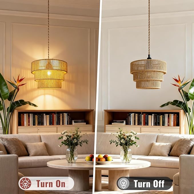Hanging Light Ceiling Lamp Pendant Lights Rattan Hanging Lamp with Plug in Cord for Living Room Bedroom Kitchen Indoor Hanging Lamp Plug in Woven Lampshade