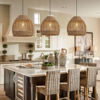 Boho Rattan Pendant Lights 13.8IN Farmhouse Dining Room Light Fixtures Hand-Woven Seagrass Chandelier Coastal Wicker Hanging Lighting for Kitchen Island Entry Living Room Bedroom Foyer Restaurant