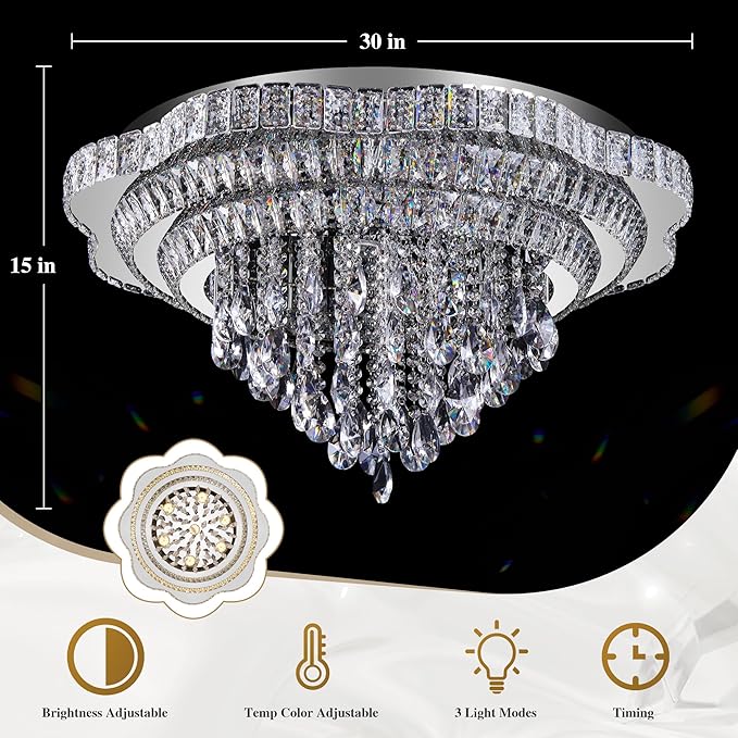 30" Sliver Crystal LED Ceiling Light Fixture with Remote Control,Large Flush Mount Chandelier with 3-Color Dimmable for Living Room Bedroom Dining Room