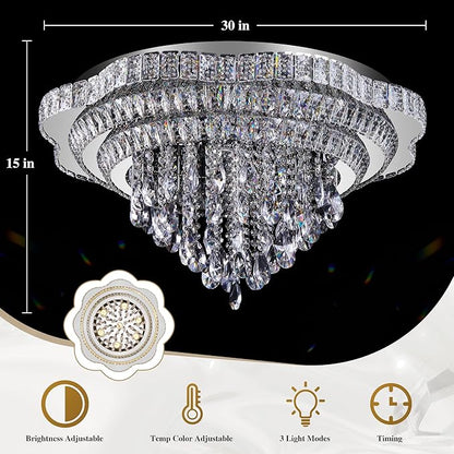 30" Sliver Crystal LED Ceiling Light Fixture with Remote Control,Large Flush Mount Chandelier with 3-Color Dimmable for Living Room Bedroom Dining Room