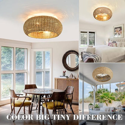 Rattan Ceiling Fan with Lights 19.7IN Boho Handwoven Caged Fandelier with Light Farmhouse Handwoven Ceiling Fan Chandelier Fixture for Dining/Living Room Bedroom Entry Kitchen Restaurant Office
