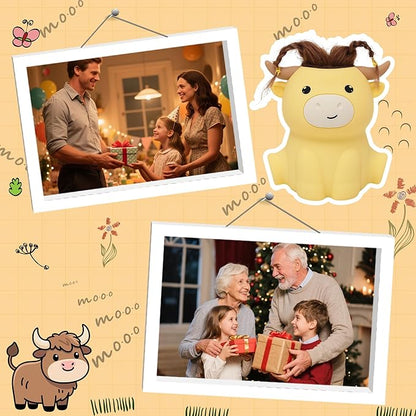 Highland Cow Night Light, Fluffy Cow Squisy Lamp for Kids, Soft Silicone Animal Nightlamp with 2 Levels Dimmable & 20 Mins Timer, Rechargeable LED Light Gifts for Baby Boys Girls