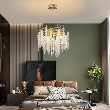 Tree Branches Chandeliers Luxury Round Raindrop Crystal Pendant Light Fixture 8 Light Tassel Ceiling Hanging Light for Dining Room Bedroom Living Room Entryway 15.8" Gold