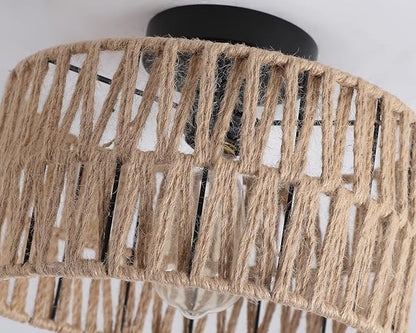 Coastal Woven Flush Mount Ceiling Light Fixture Rustic Industrial Hemp Rope Semi Flush Mount Ceiling Light for Hallway Bedroom Farmhouse Kitchen Entryway Hall, Black